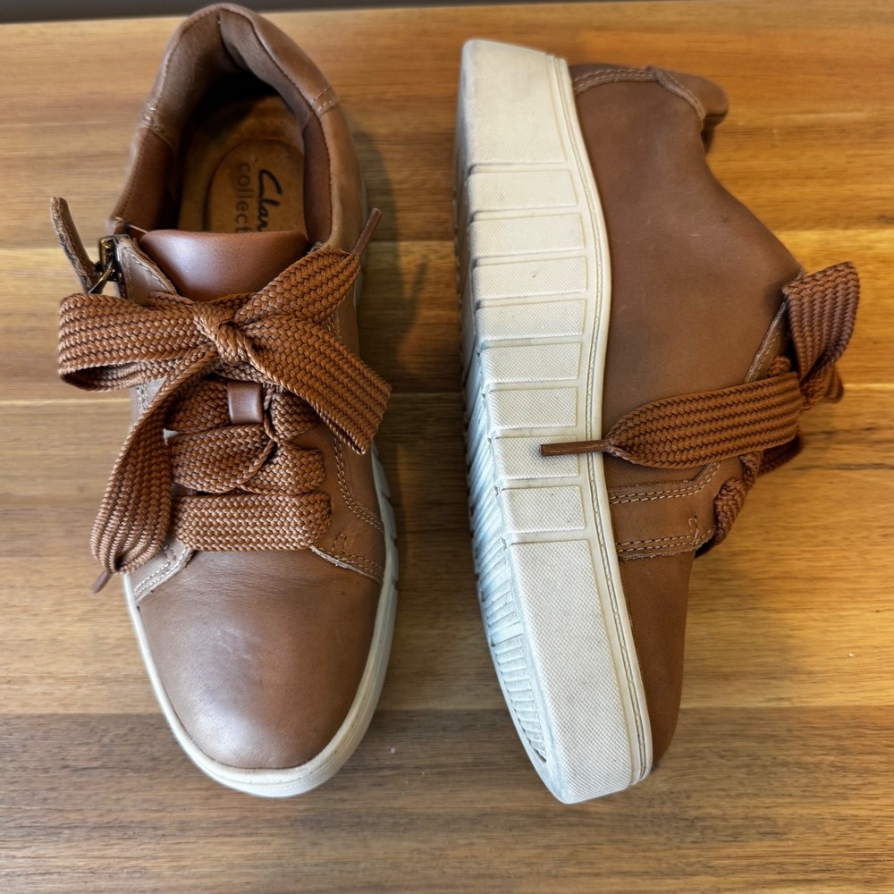 Clarks Collection Women 6.5 EU 37 Tan Brown Leather Side Zip Platform Sneakers